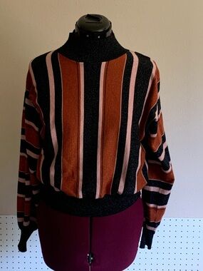 MINKPINK Striped Turtleneck Sweater in Black, Rust & Pink